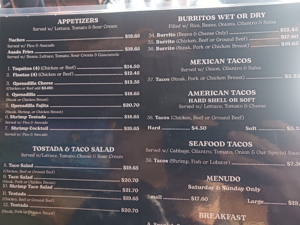 Menu page featuring traditional Mexican plates.